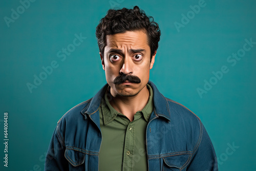 portrait of a middle-aged confused man with a moustache  with a blue background