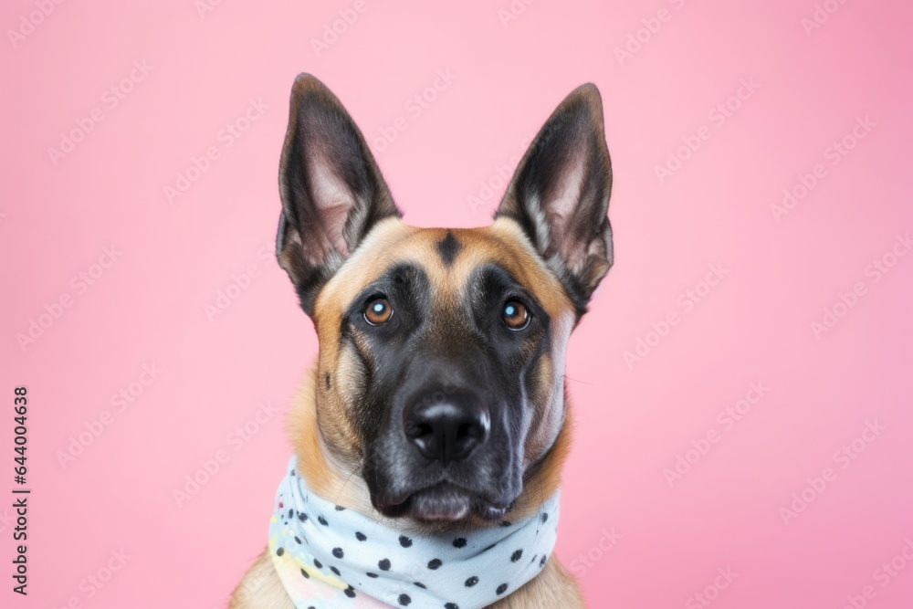 Obraz premium Medium shot portrait photography of a cute belgian malinois dog leaping wearing a polka dot bandana against a pastel multicolor background. With generative AI technology