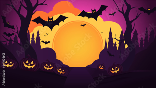 Halloween sale poster in purple color. Halloween pumpkins, bats, scary trees on the background of a large banner with space for text. Vector illustration.