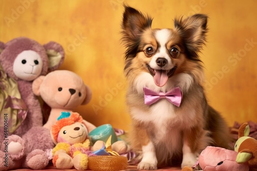 Environmental portrait photography of a funny papillon dog playing with toys wearing a teddy bear costume against a pastel brown background. With generative AI technology © Markus Schröder
