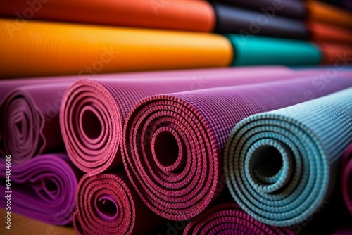 Array of vibrant yoga mats neatly arranged, awaiting fitness devotees. Generative AI