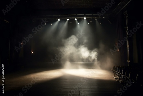 Smoke-filled stage illuminated by a focused spotlight. Generative AI