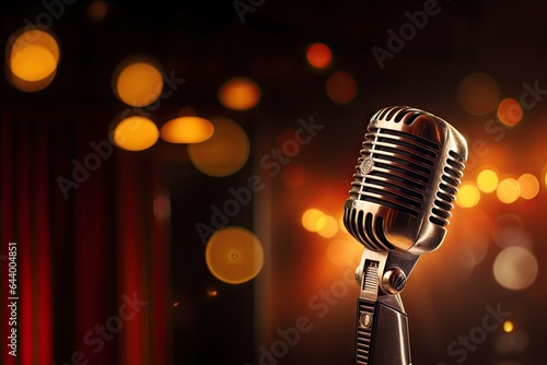 Vintage microphone. Echoes of past. Classic Mic. Sound takes center stage. Retro karaoke. Singing under spotlight. Musical performance