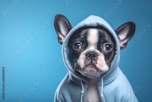 Group portrait photography of a cute boston terrier panting wearing a fluffy hoodie against a soft blue background. With generative AI technology