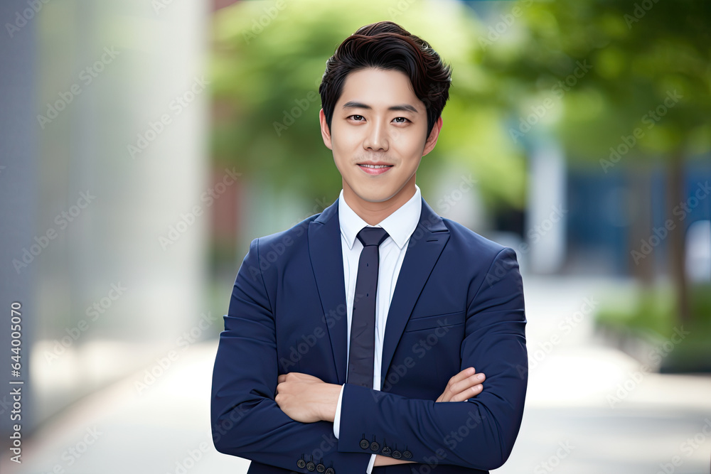 Succesful businessman arms folded standing outside Succesful businessman arms folded standing outside