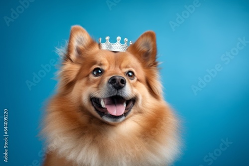 Environmental portrait photography of a cute finnish spitz chewing bones wearing a princess crown against a soft blue background. With generative AI technology