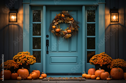 Autumn decor of the entrance front door of the house. AI Generation