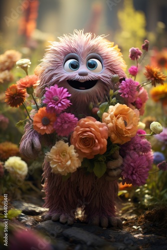 Cuddly Monster Holding A Bouquet Of Flowers, Generative AI