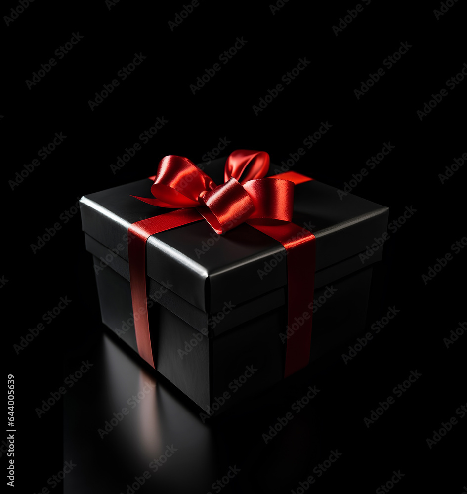 Black gift box with red satin ribbon bow isolated on black. Black gift box with red satin ribbon bow isolated on black.