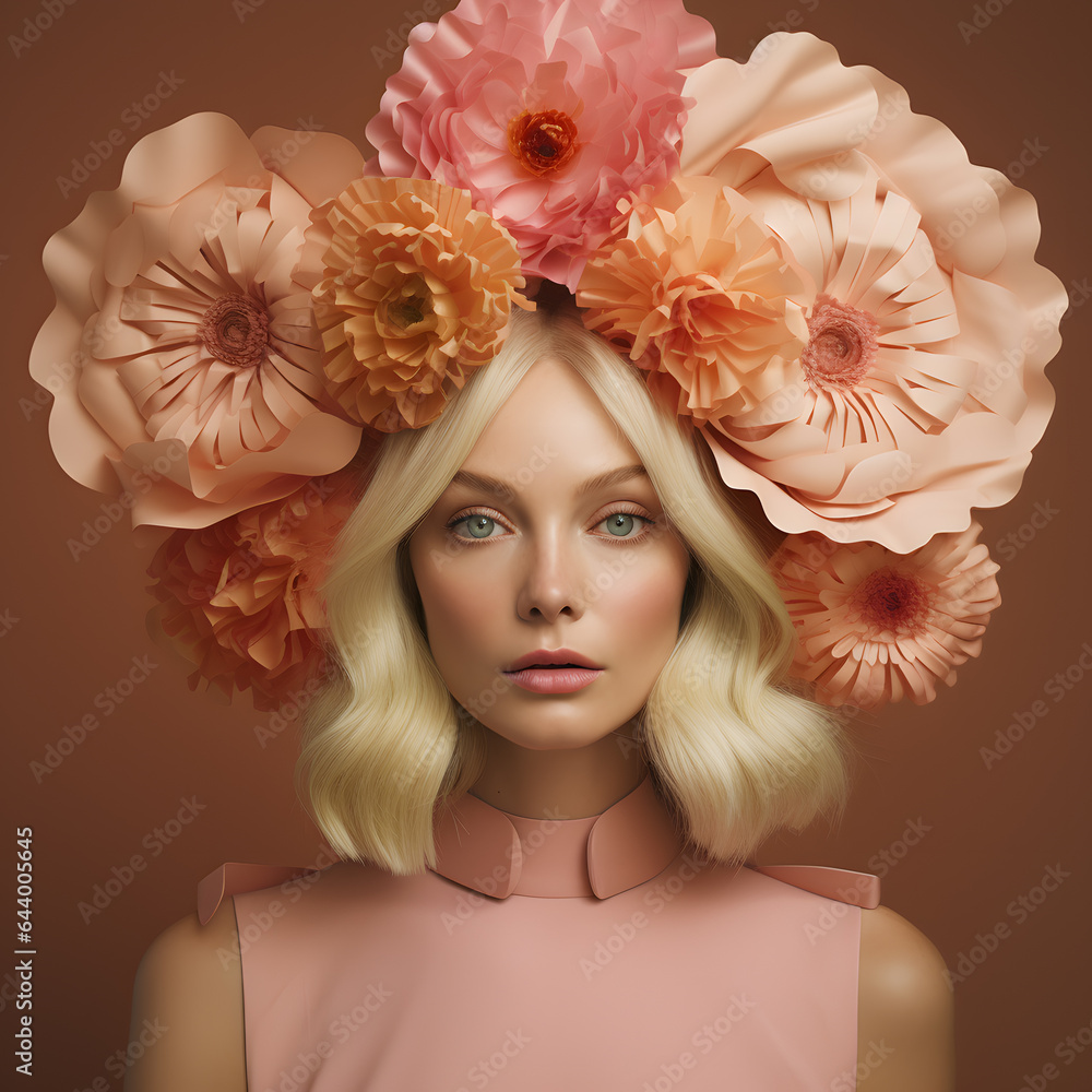 Portrait of a blonde with pastel flowers on her head. Minimal composition, nude colors, bright gentle aesthetics.