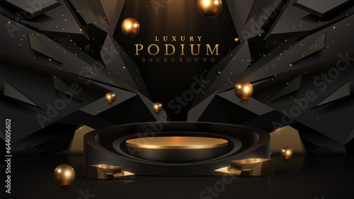 3d gold podium and ball elements with black stone scene decoration on dark. Luxury award ceremony background. Modern art design.