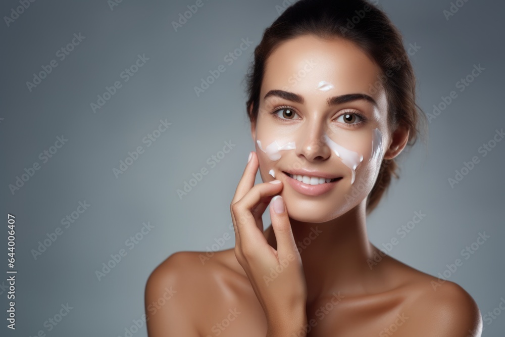 Portrait of a young attractive girl with white cream smeared on her face on a gray background. Portrait of a young attractive girl with white cream smeared on her face on a gray background.