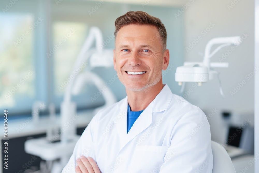 Male portrait of an andorian smiling dentist in the background of a dentist's office. Male portrait of an andorian smiling dentist in the background of a dentist's office.