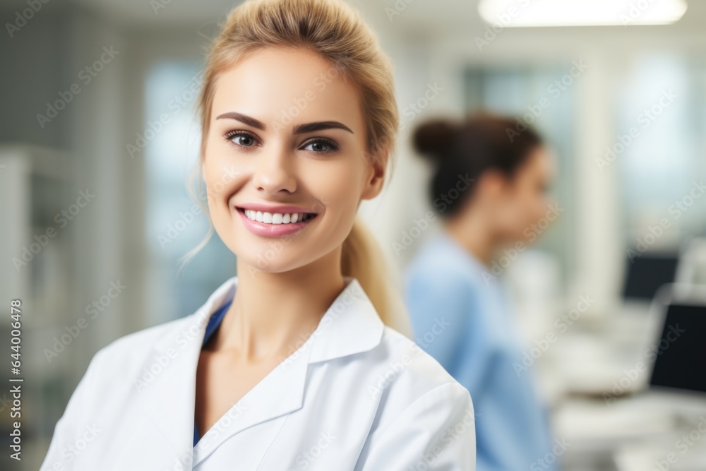 Fototapeta premium Cute female portrait of a smiling dentist on the background of a dental office.