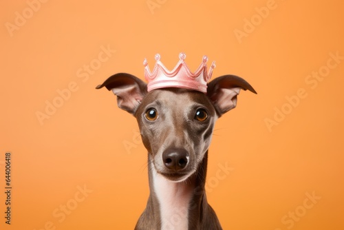 Group portrait photography of a funny italian greyhound dog licking face wearing a princess crown against a soft orange background. With generative AI technology