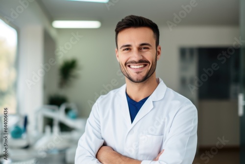 Male portrait of an albanian smiling dentist in the background of a dental office.
