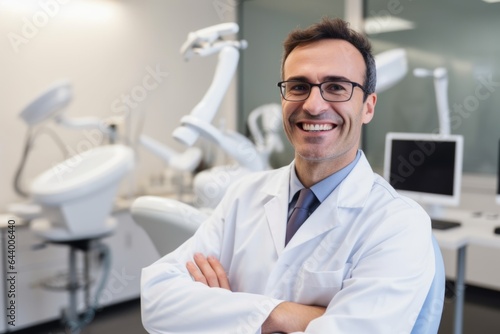 Male portrait of an argentine smiling dentist in the background of a dental office.