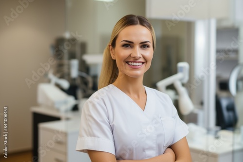 Female portrait of an albanian smiling dentist in the background of a dentist's office.