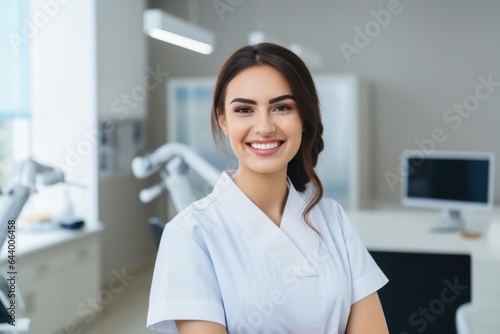 Cute female portrait of a smiling Azerbaijani dentist on the background of a dental office.