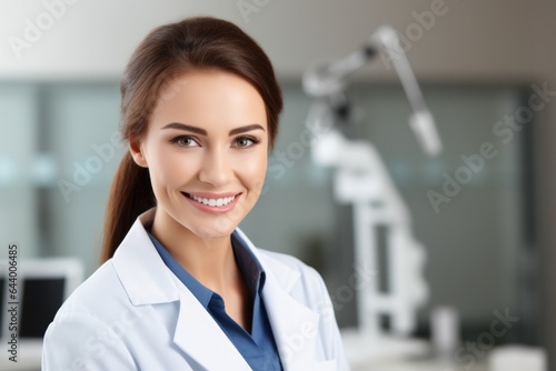 Portrait of nice girl ophthalmologist doctor on the background of a medical office.