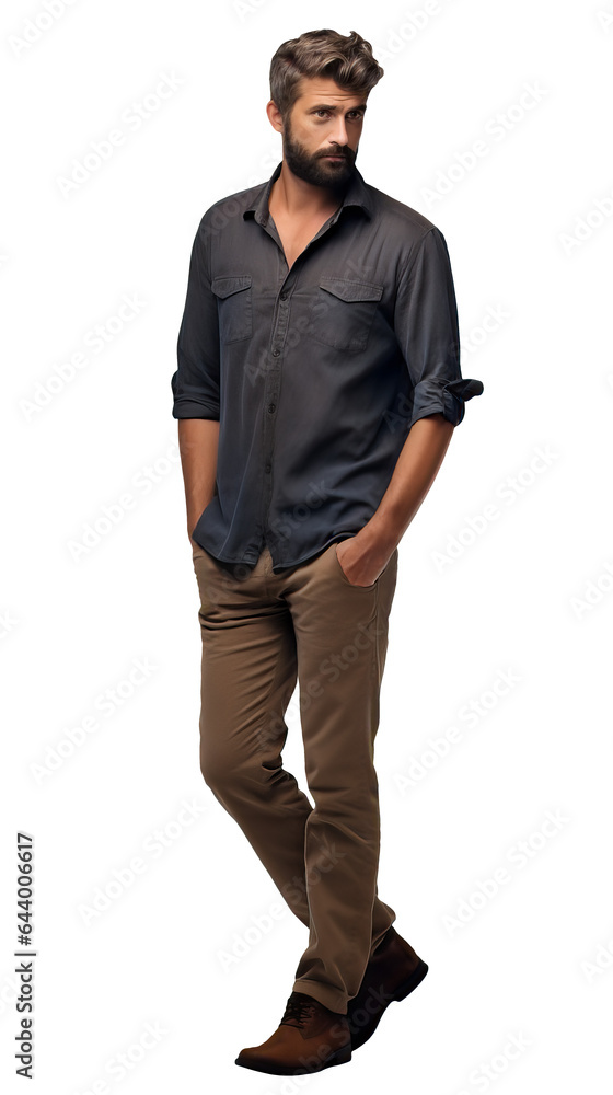 Isolated handsome young bearded man wearing a BLACK shirt and khaki chinos trousers, walking, cutout on transparent background, ready for architectural visualisation. Isolated handsome young bearded man wearing a BLACK shirt and khaki chinos trousers, walking, cutout on transparent background, ready for architectural visualisation.