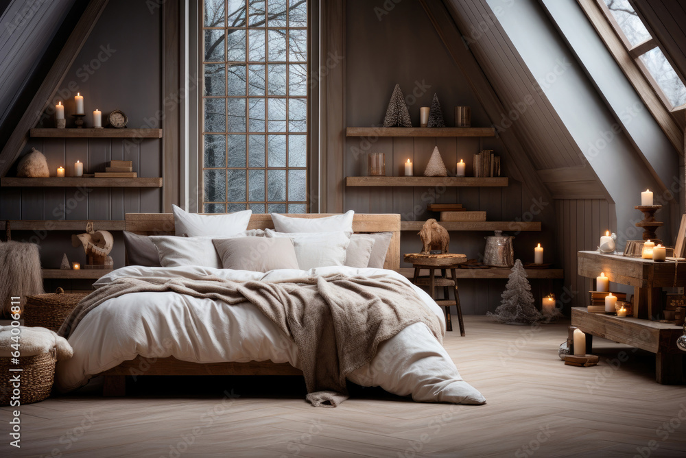 Cozy attic bedroom interior in modern style