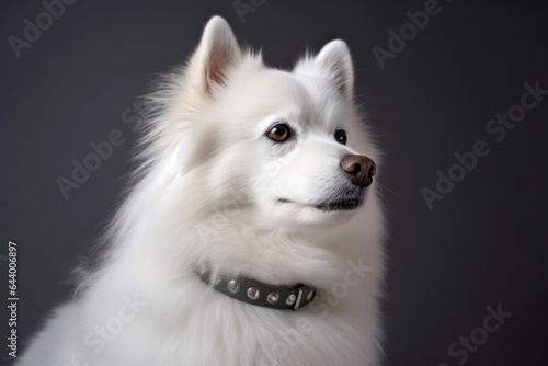 Lifestyle portrait photography of a curious american eskimo dog grooming wearing a light-up collar against a soft gray background. With generative AI technology © Markus Schröder