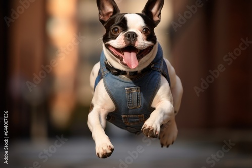 Environmental portrait photography of a happy boston terrier jumping wearing a denim vest against a soft brown background. With generative AI technology
