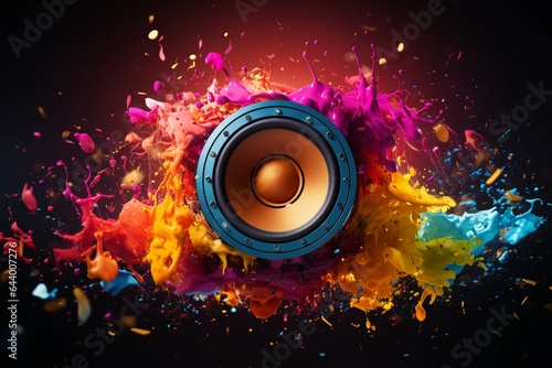 Musical vibrancy: Sound notes and vibrant hues envelop the music speaker.