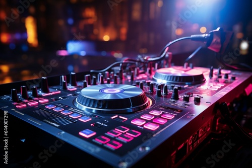 Nightclub vibes come alive with pink DJ headphones, turntables, and sound mixer.