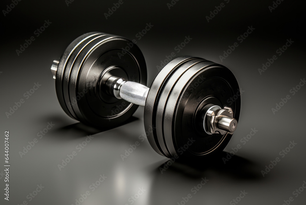 Sports black dumbbells on a gray background Sports black dumbbells on a gray background