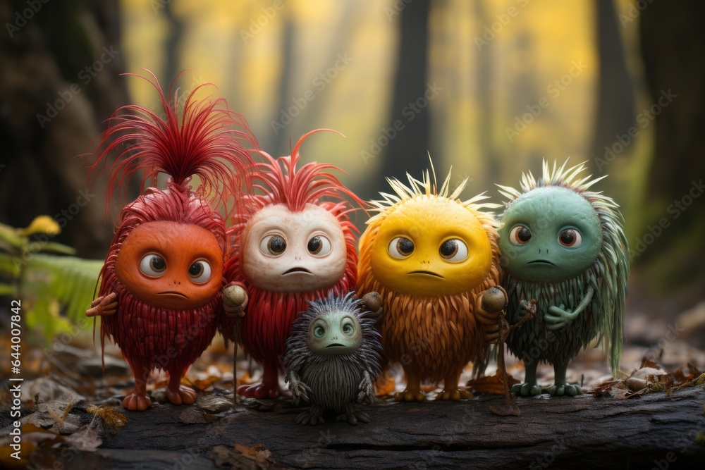 Fototapeta premium Group Of Tiny Monsters Holding Hands, Generative AI