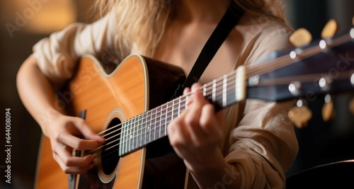 The acoustic guitar comes alive as a female musician performs in profile.
