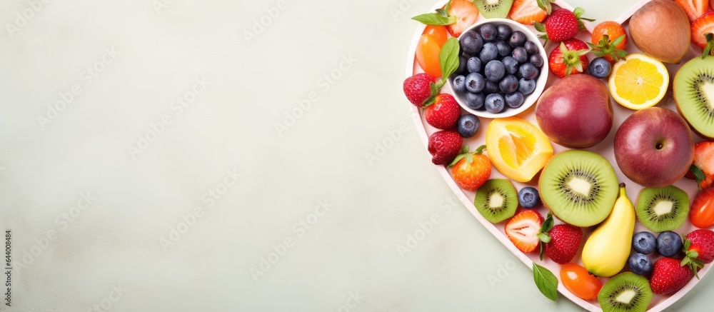 Fruit and vegetable slices arranged in a heart shape isolated pastel background Copy space Fruit and vegetable slices arranged in a heart shape isolated pastel background Copy space