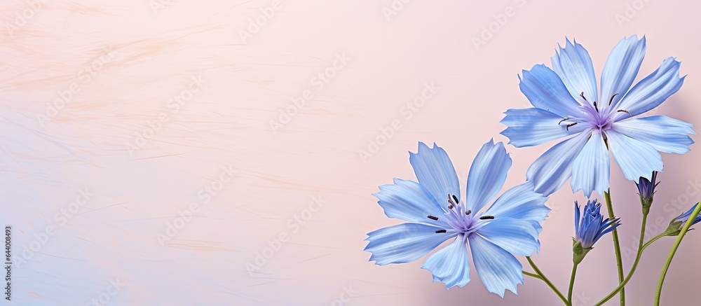 Fototapeta premium Chicory flowers blooming beautifully over a isolated pastel background Copy space
