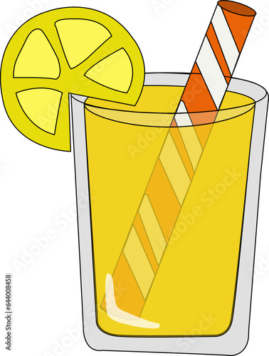 Orange juice with a slice of lemon on a white background. A glass with a red tube on a white background. Orange lemonade of the summer period. Vector graphics. Illustration EPS 10
