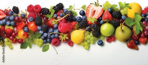 Assorted fruits and berries in a top down view isolated pastel background Copy space