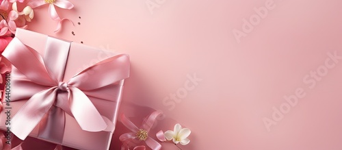 An elegant gift box with a pink floral bow suitable for any celebration isolated pastel background Copy space