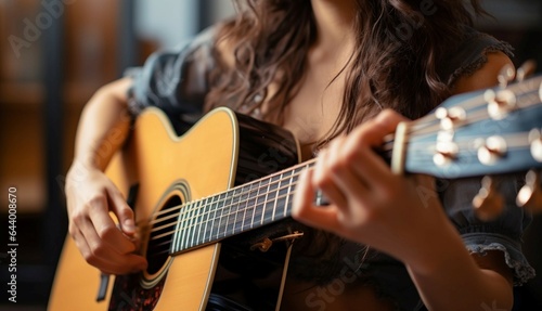 The musician's side profile shines as she plays an acoustic guitar.