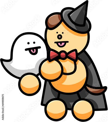 おばけと仮装するわんまるのイラスト　犬

