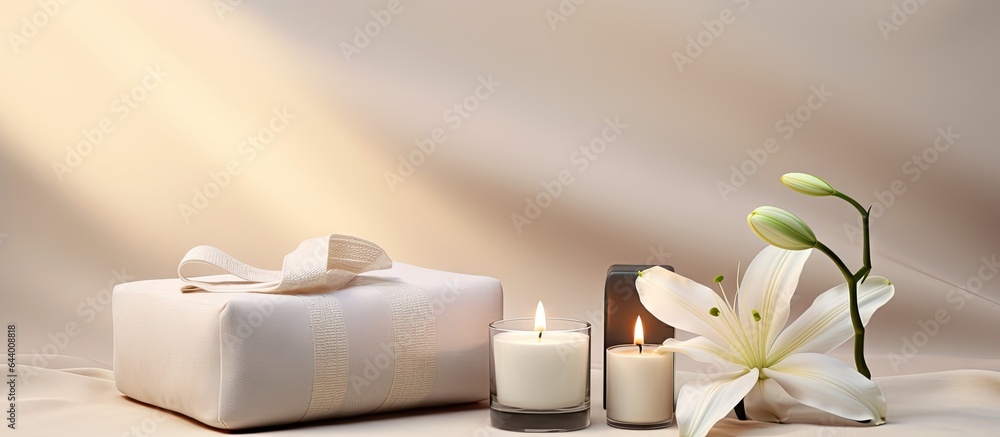 Light beige cubes with black bag white towels candles and Lily display for advertising hair removal wax isolated pastel background Copy space - obrazy, fototapety, plakaty 