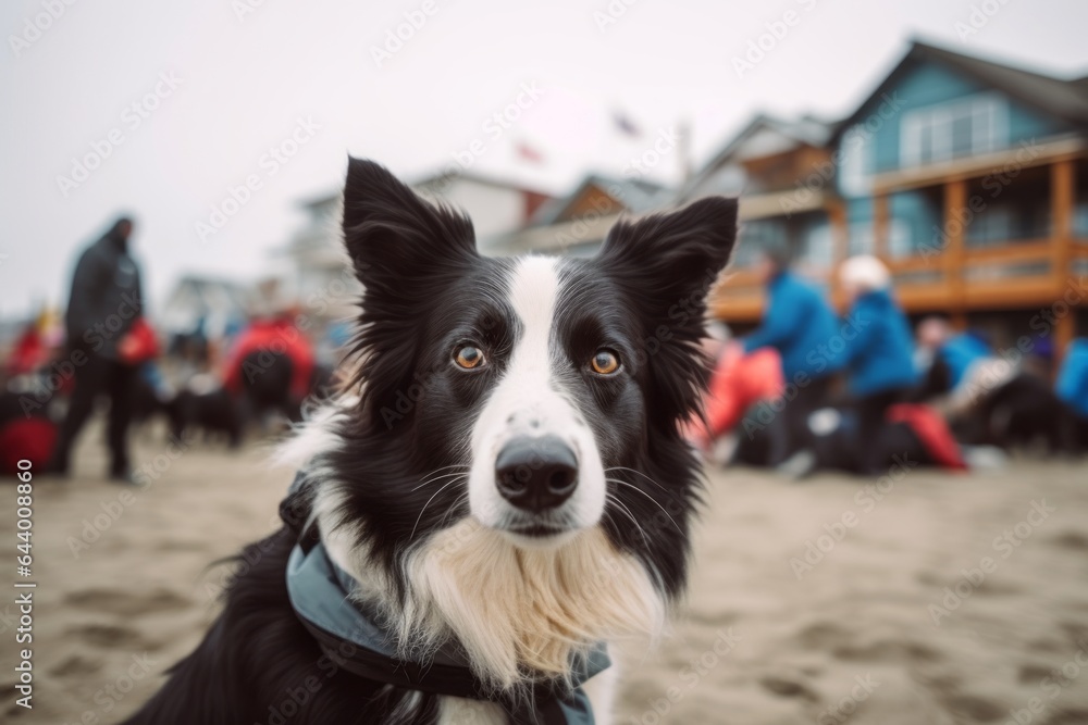 Lifestyle portrait photography of a tired border collie barking wearing a ski suit against a bustling beach resort background. With generative AI technology