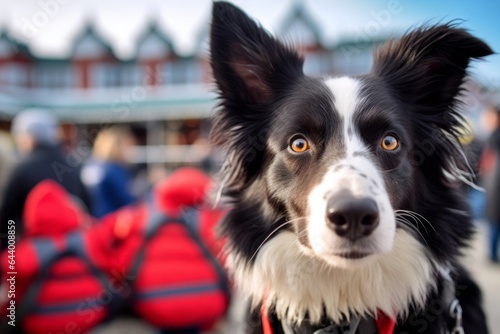 Lifestyle portrait photography of a tired border collie barking wearing a ski suit against a bustling beach resort background. With generative AI technology © Markus Schröder