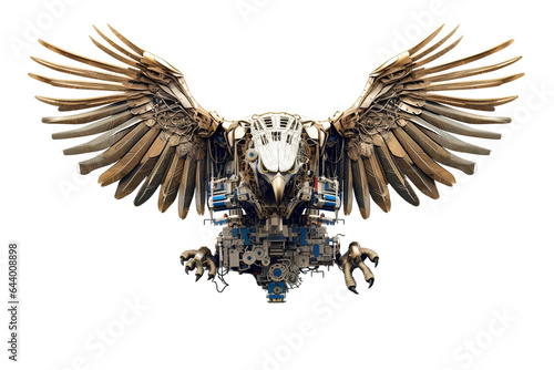An eagle flying made of electronic machinery on a white background. Farm animals. illustration. Generative AI.