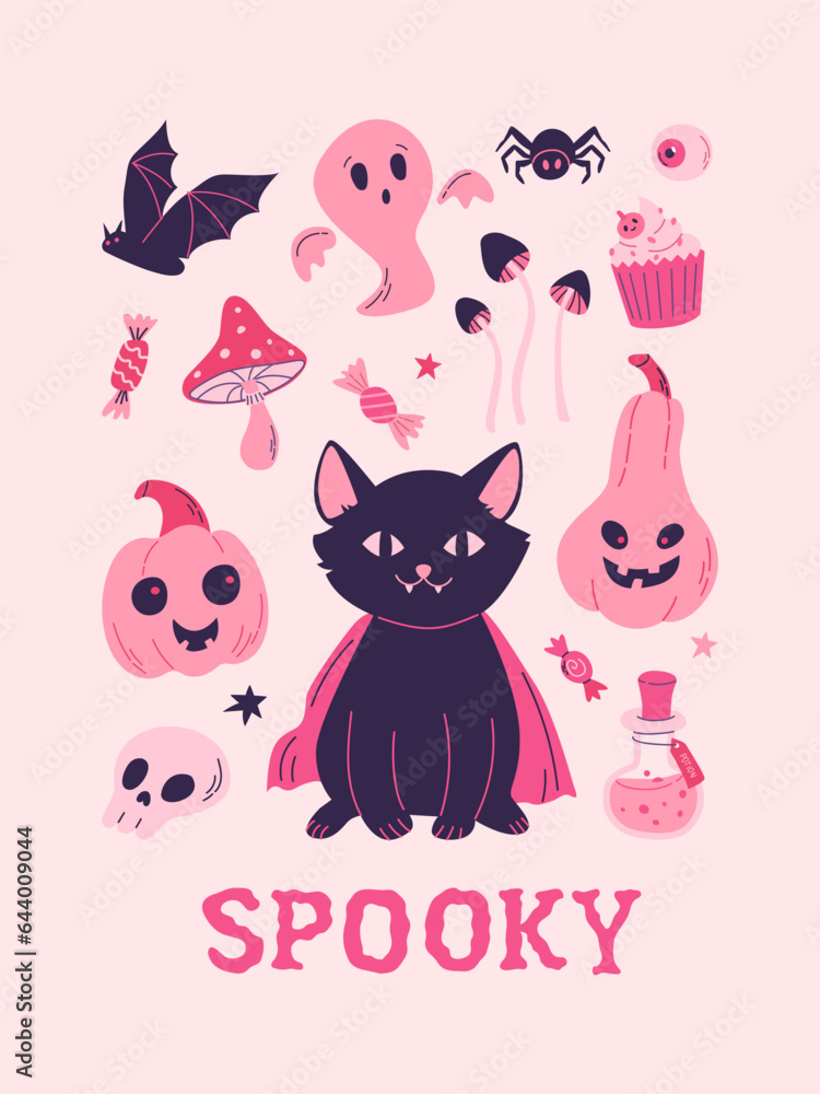 Happy Halloween party poster, invitation, pinkcore background. Barbiecore style vector illustration. Bat, black cat, pumpkins, ghost, mushrooms, sweets, candy
