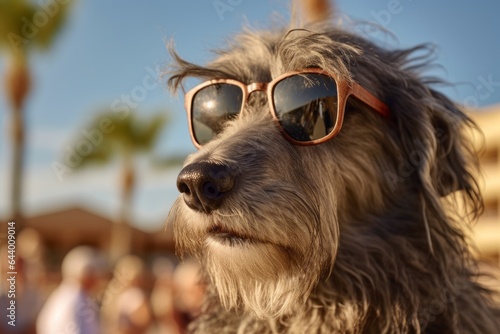 Medium shot portrait photography of a funny irish wolfhound dog listening wearing a trendy sunglasses against a bustling beach resort background. With generative AI technology