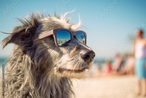 Medium shot portrait photography of a funny irish wolfhound dog listening wearing a trendy sunglasses against a bustling beach resort background. With generative AI technology