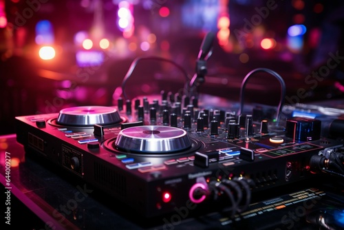 Vibrant nightlife: Pink DJ headphones, sound mixer, and turntables in the club.
