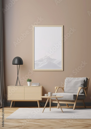 Modern minimalist room. An armchair  a table and a flower and a large empty wall. Background for text.