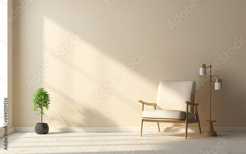 Modern minimalist room. An armchair, a table and a flower and a large empty wall. Background for text.